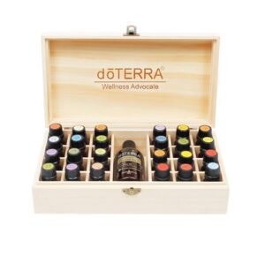 Variety of DoTERRA essential oils in a wooden case