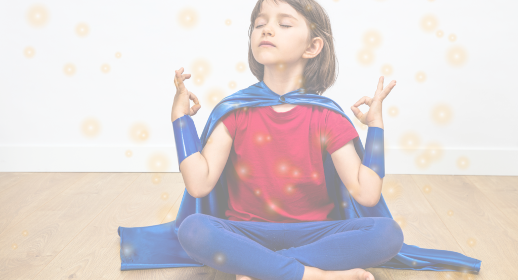 Child with super hero cape doing yoga gyan mudra