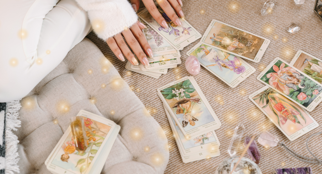 women with tarot cards and crystals
